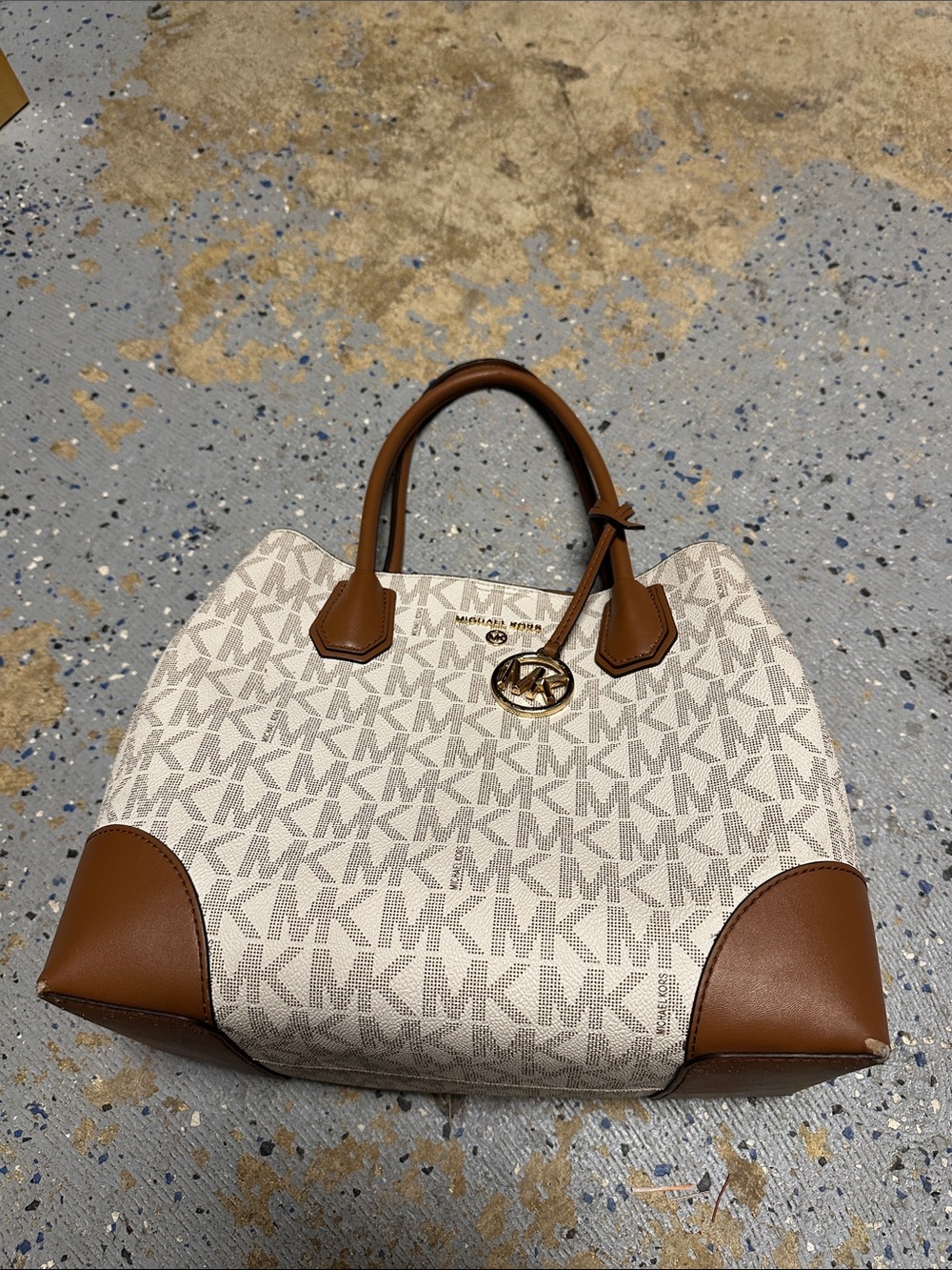 Michael Kors White and Brown MK Logo Tote